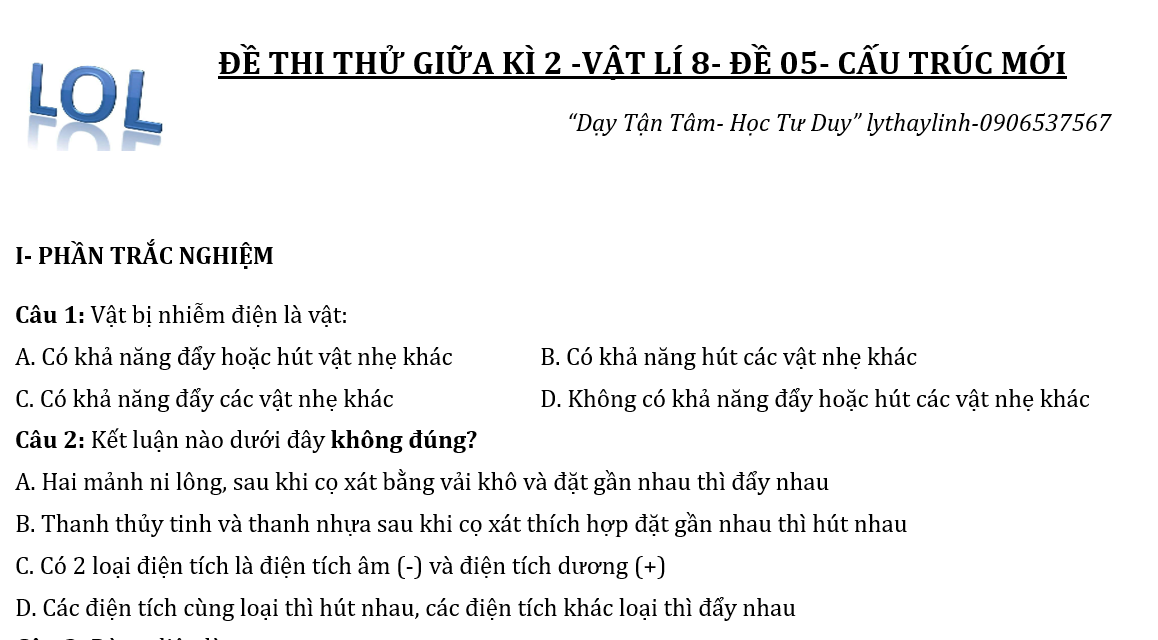 ĐỀ GIỮA KÌ 2-KHTN 8 (Phần Vật lý) -PHẦN LÍ-05